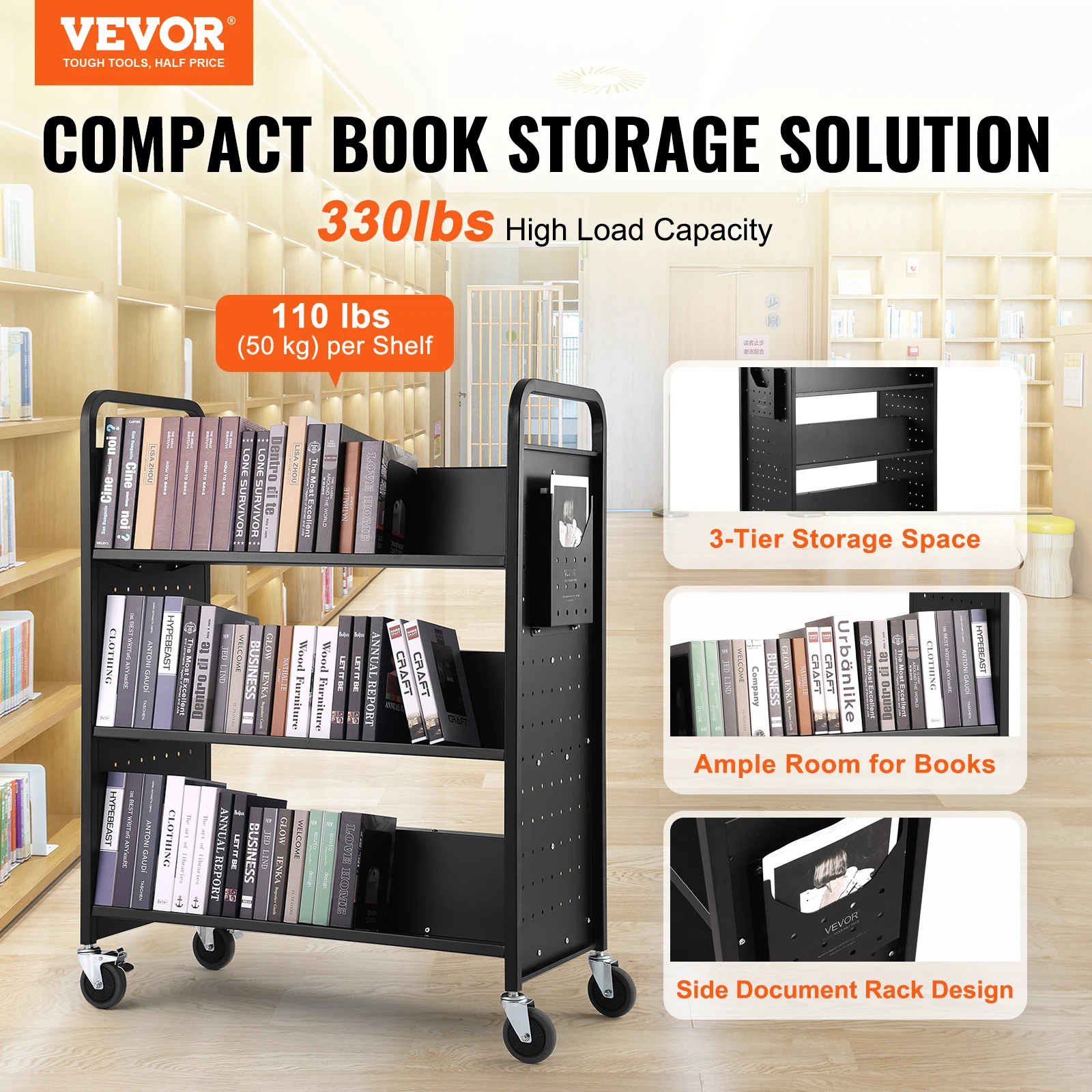 VEVOR 330lbs Library Book Cart Floor Mounted Movable Bookshelf with Wheels Classroom Study Book Storage Rack for Home Office