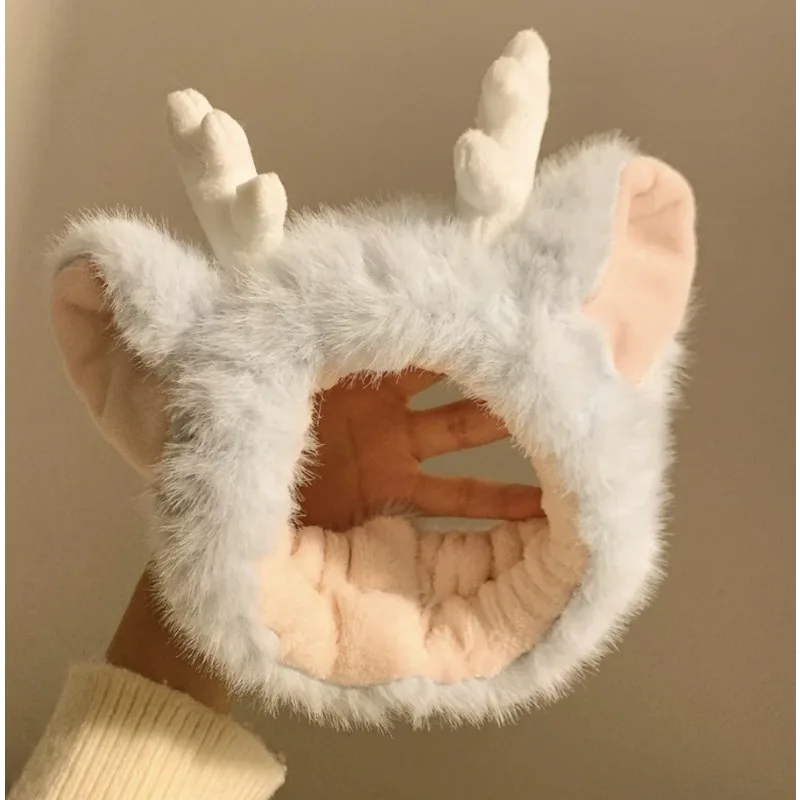 Plush Dragon Horn Headband-Marshmallow Color Cartoon Elf Ears Hair Band for Spa&Costume Party, Stretchy Wide-Band for Women/Kids