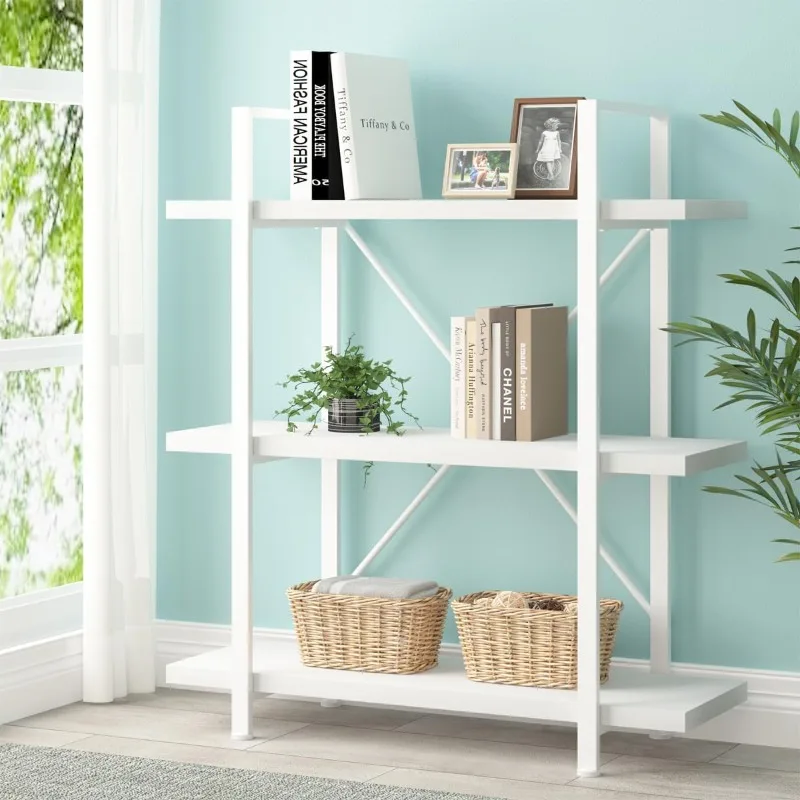 

3 Tier White Bookshelf, Modern Small 3 Shelf Bookcase, Industrial Metal Wood Storage Shelves and Display Book Rack