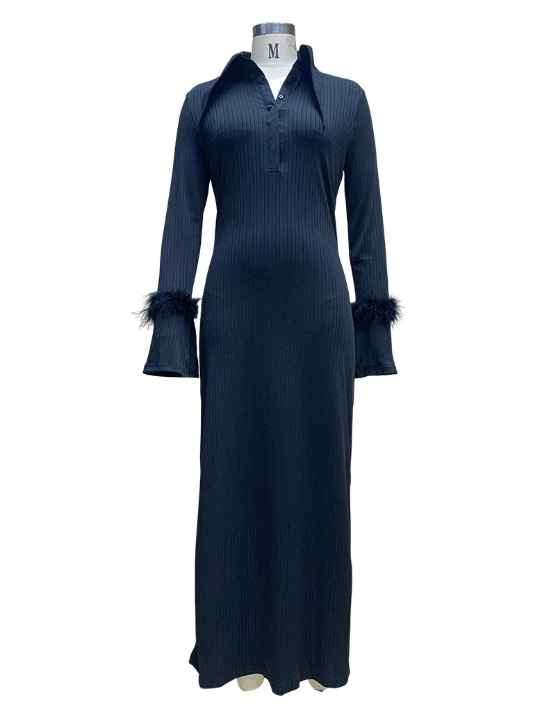 Autumn & Winter New Women's Fashion Polo Neck Feather Long Pit Stripe Dress Elegant & Beautiful Party Evening Dress
