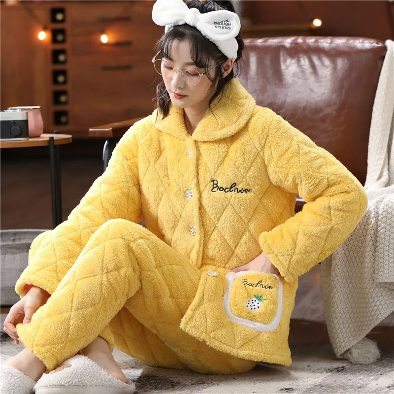 2023 New Pajamas Women Winter Three Layers Loungewear Thickened Cotton Coral Velvet Flannel Sleepwear Warmth Autumn Homewear