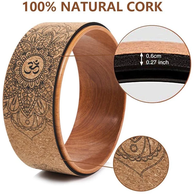 Cork Yoga Wheel Yoga Poses Backbends Inversions Wood-Effect Mandala Print Dharma Prop Wheel