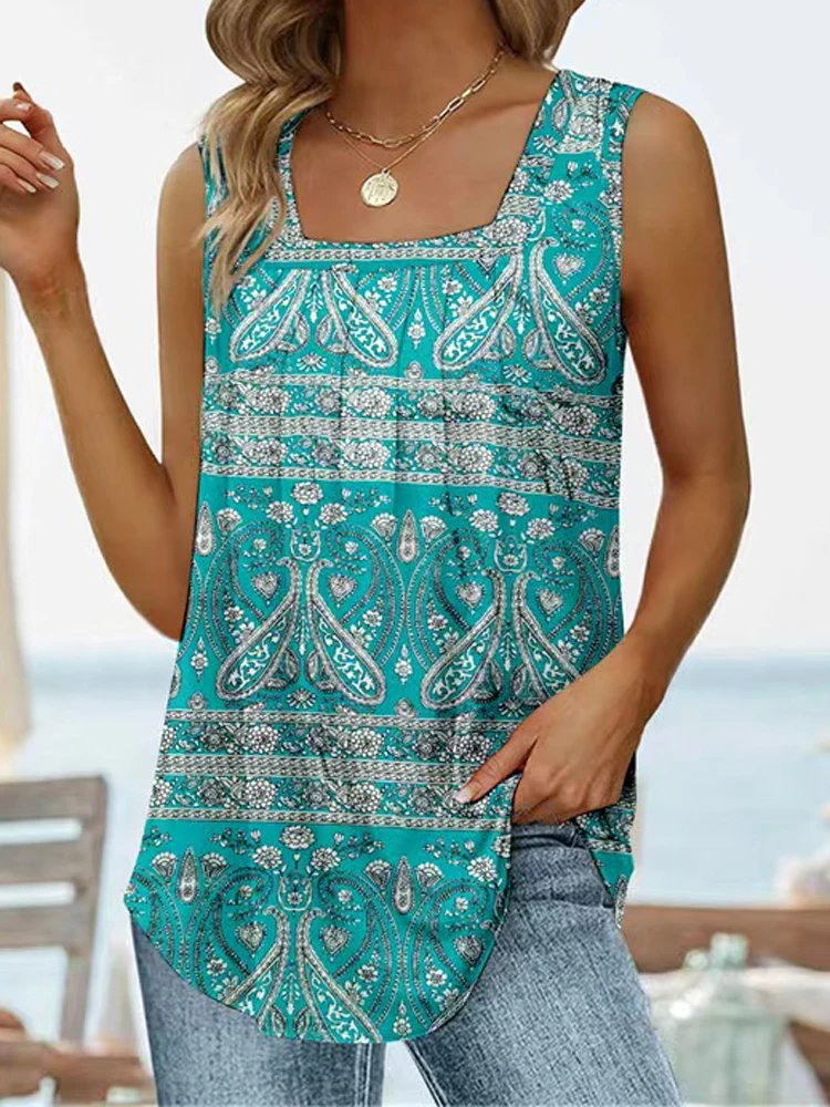 Women Floral Print Sleeveless Loose Fit Summer Vest Top