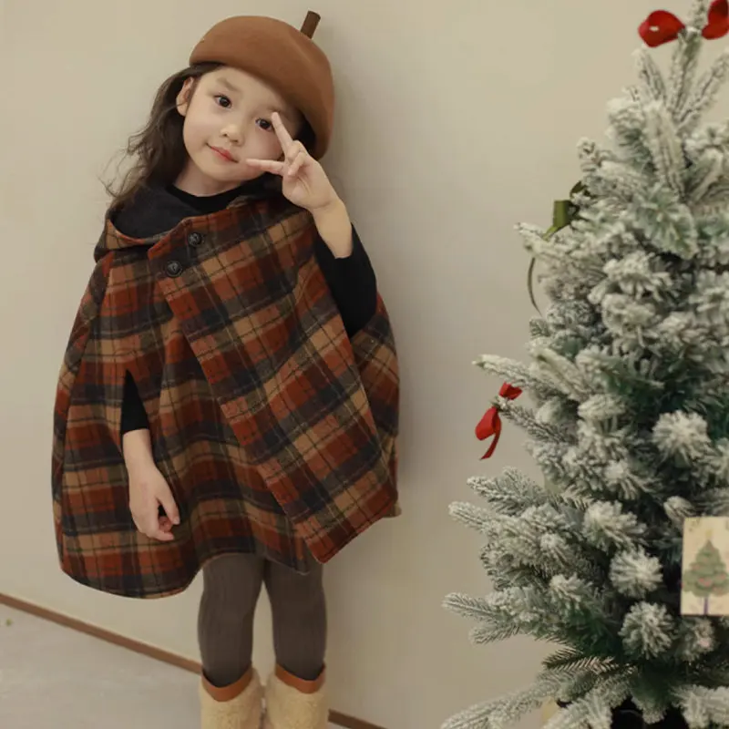 

Girls' Coat 2023 Winter New Plaid Cotton Sandwich Thickened Woolen Coat Fashional Pointed Hat Cloak Jacket Kid's Party Clothes