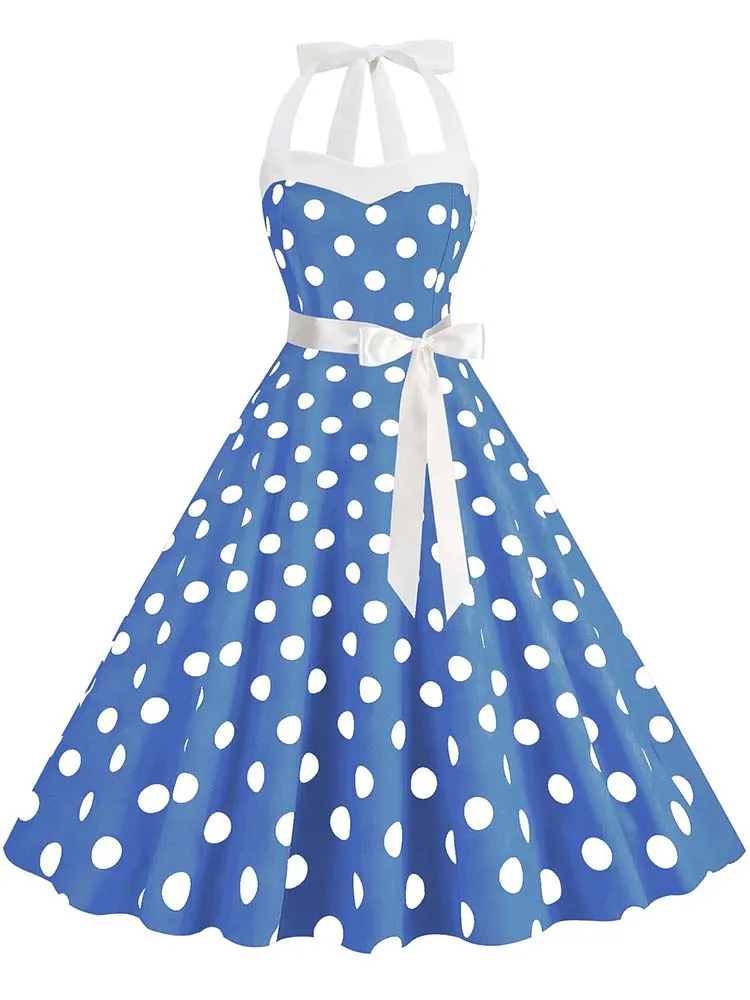 Vintage 50er 60er Jahre Damen Sommer Partykleid mit Gürtel Polka Dot Print Neckholder Hepburn Robe Rockabilly Kleider