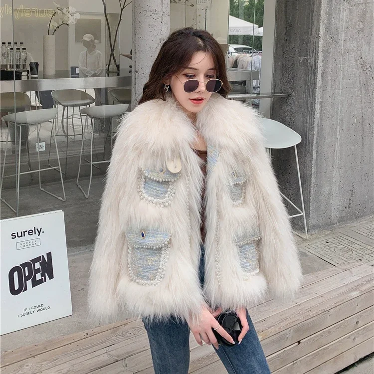 

Raccoon Dog Fur Woven Fur Coat for Young Women Short Pearl Rough Weave Winter Sexy Club Thick Warm Fur Knitted 4 Pockets Jackets