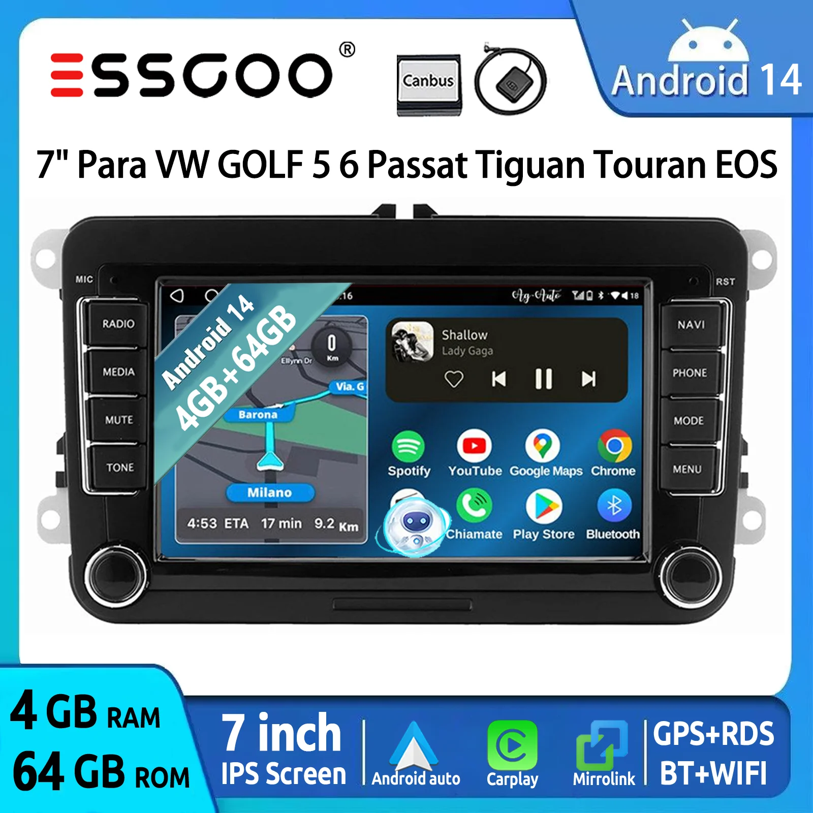 ESSGOO Autoradio Android 14 7" 4+64Go CarPlay Sans Fil GPS Navigation WIFI RDS FM Bluetooth pour VW Golf 5 6 Passat Polo 6R Touran Tiguan Caddy EOS Jetta Seat Skoda Écran Tactile Mirror Link USB IA Voix Android Auto 1