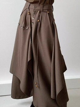 Y2k Harajuku Vintage Japanese Pants Button Irregular High Waist Solid Color Wide Leg Pants Casual Loose Design Women's Clothing