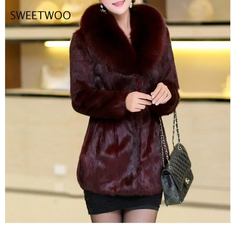 New Women's Faux Genuine Natural Rabbit Fur Coat Fox Fur Collar Girl's Fashion Fur Jacket Outwear Contracted Slim Tide 2022