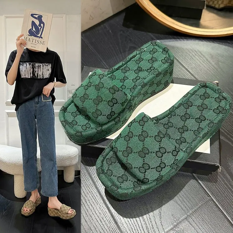 

Wedge Slippers Women's Outer Wear 2023 New Retro Square Head High Heel Cloth Thick Bottom