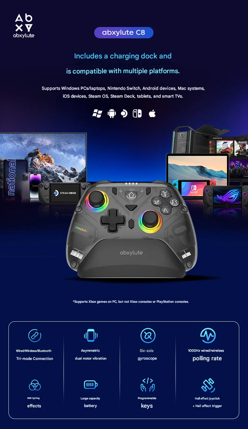 Abxylute C8 무선 블루투스 트라이 모드 게임 컨트롤러 PC 모바일 태블릿용 홀 이펙트 조이스틱 게임패드 인체공학적 선물
