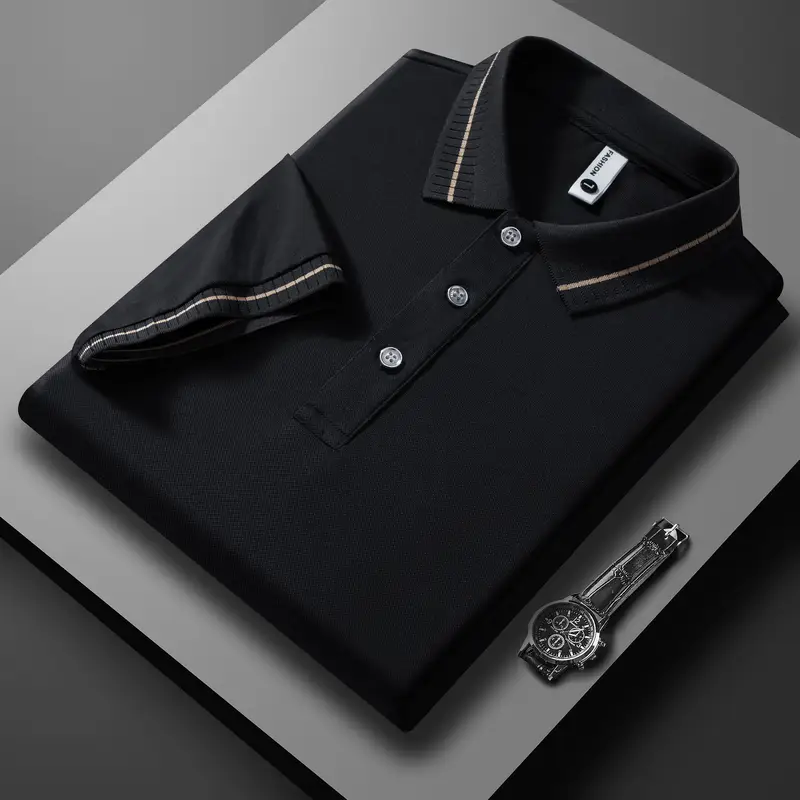 Summer Men's Clothing Retro Knit Lapel Striped Polo Shirt Solid Color Short Sleeve Fashion Light Luxury Popular Knitwear M-3XL - Image 2