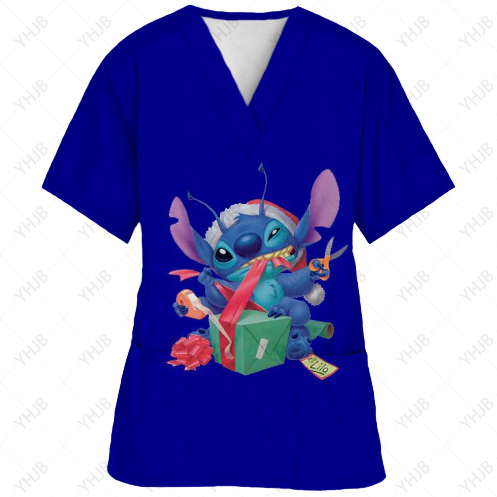 thumbnail image 1 of Blusa de uniforme de trabajo con cuello en V y cordón de manga corta con estampado de dibujos animados de Disney Stitch para mujer, 1 of 5