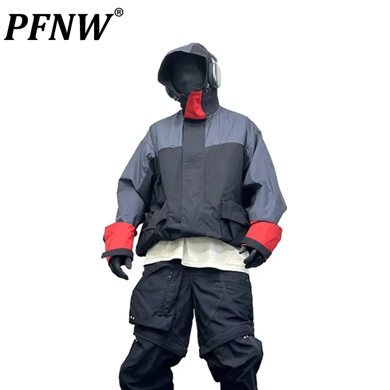 

PFNW Men' Autumn New Tide Color Contrast Loose Hooded Windproof Hoodies Waterproof Nylon Jackets Chic Top Trendy Coat 12Z4437