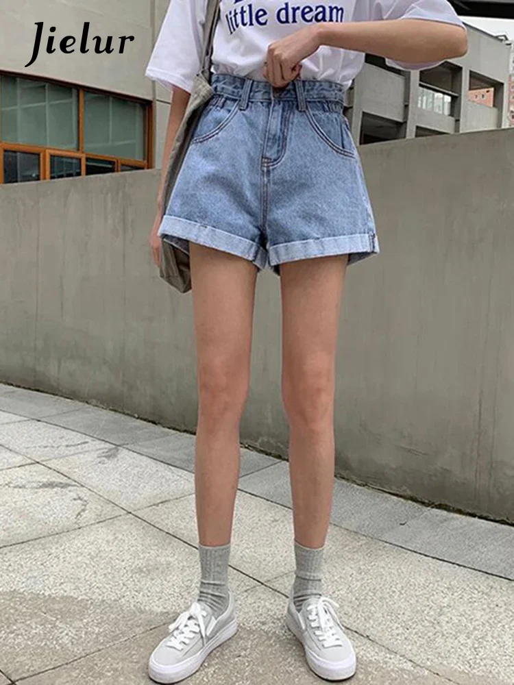 Jielur New High Waist Denim Shorts Women Korean Casual Loose Ladies Fashion Plus Size Elastic Waist Wide Leg Short Jeans Female