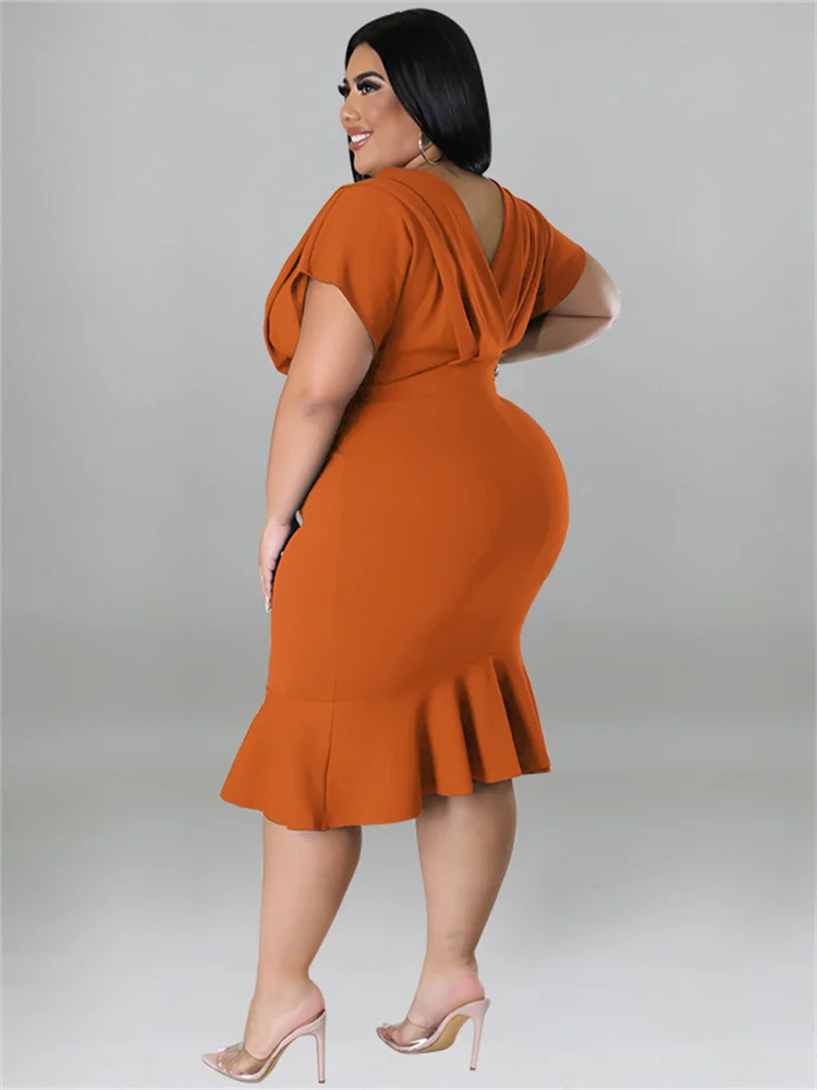 Wmstar Plus Size Dresses for Women Summer Solid V Neck Ruffles Hem Elegant Midi Dress Hot Sale New Style Wholesale Dropshipping