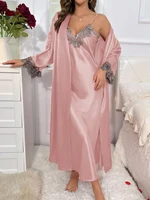 2cs Contrast Lace  Long Sleeve Belted Robe V Neck Slip Dress Sexy Elegant Women Pajamas  Sets - Image 3