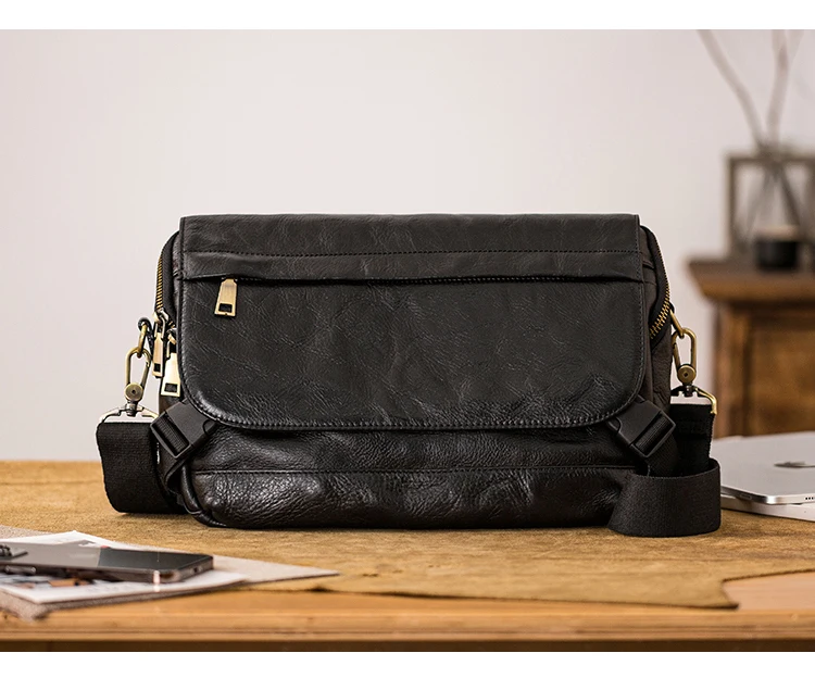 Organisatoren Designer handgemachte pflanzlich gegerbte Rindsleder Männer Umhängetasche Mode Persönlichkeit echtes Leder schwarze Umhängetasche – Detail 21