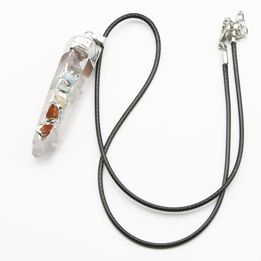 Natural Silver Plated 7 Color White Crystal Pillar Pendant Leather Rope Necklace Fashion Reiki Charms DIY Jewelry Wholesale 4Pcs