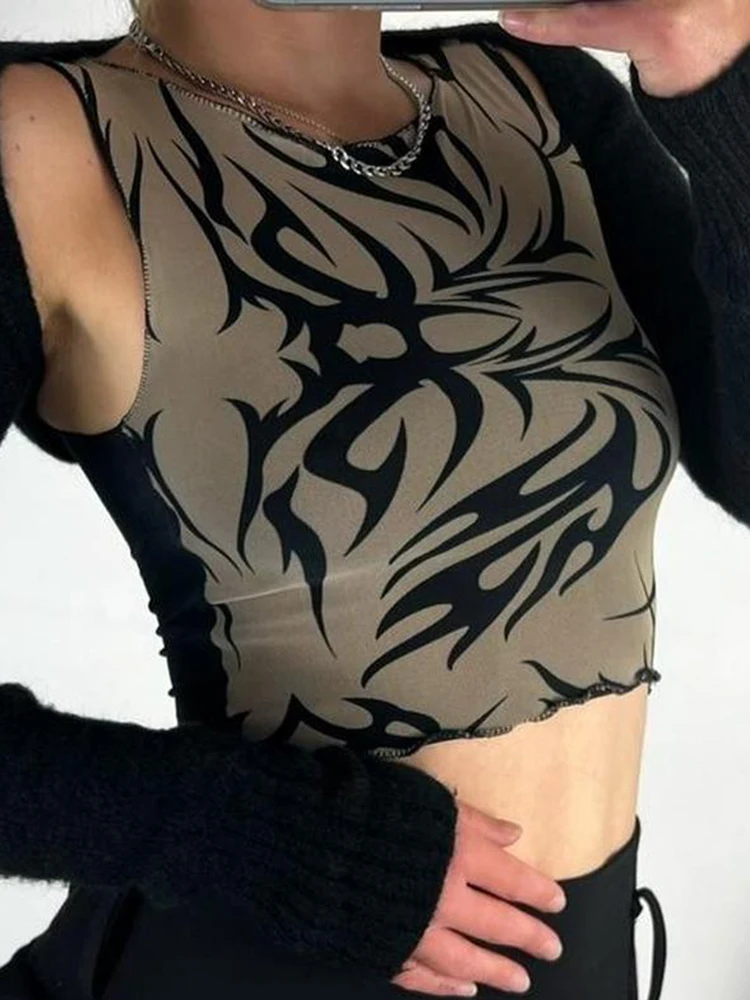 

Vintage Graphic Print Vest Tee Gothic Cropped Shirts Chic Harajuku 2000s Aesthetic Tank Tops Summer Y2K Sleeveless Sexy T-shirt