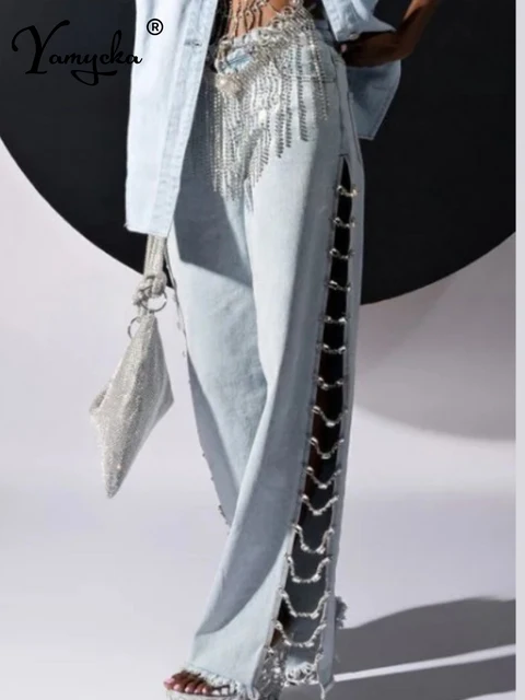 Sexy hole rhinestone denim pants women fashion baggy pants hotwife streetwear high waist wide leg jeans woman clothing trousers 3