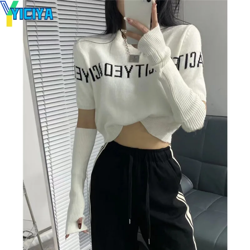 

Женский свитер с вышивкой YICIYA, Свободный вязаный пуловер с круглым вырезом и коротким рукавом, уличная одежда на весну и осень