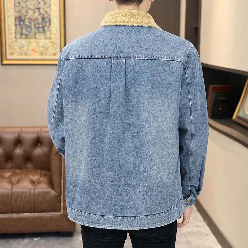 Men Fashion High-End Denim Outcoat Winter Youth Plus Velvet Thicken Lamb Wool Denim Jacket Casual Lapel Large Size Outwear