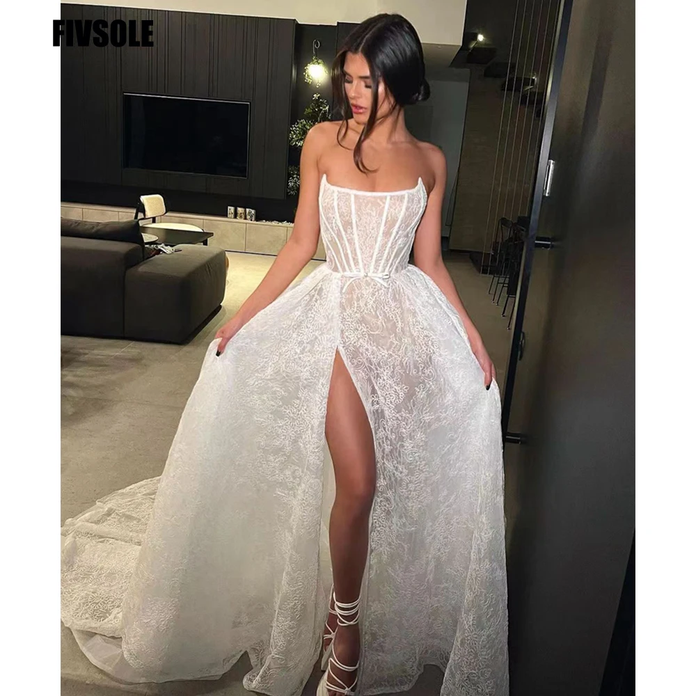 

Fivsole Lace Wedding Dress Belt Pearls Strapless Long Vestidos De Novia A Line High Slit Robe De Mariée Party Gown for Women