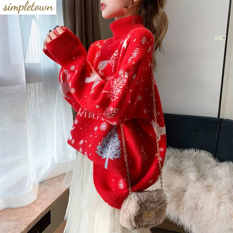 Christmas High Neck Sweater for Women 2023 New Autumn/Winter Knitwear Loose Korean Version Lazy Style Thickened Sweater new korean cute cartoon knitted sweater winter y2k harajuku japanese anime casual punk style women loose ulzzang kawaii sweater