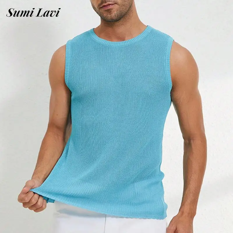 

Knitwear Mens Casual Bottoming Vest Knitted Slim Fit Sleeveless O Neck Straps Knit Tank Tops For Men Clothes All-match Basic Top