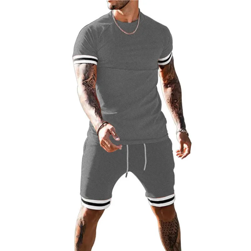 Football Sports Set Men Round Neck Short-sleeved Sports Suit Casual Outdoor Fitness Big Size Color Matching Two-piece Set