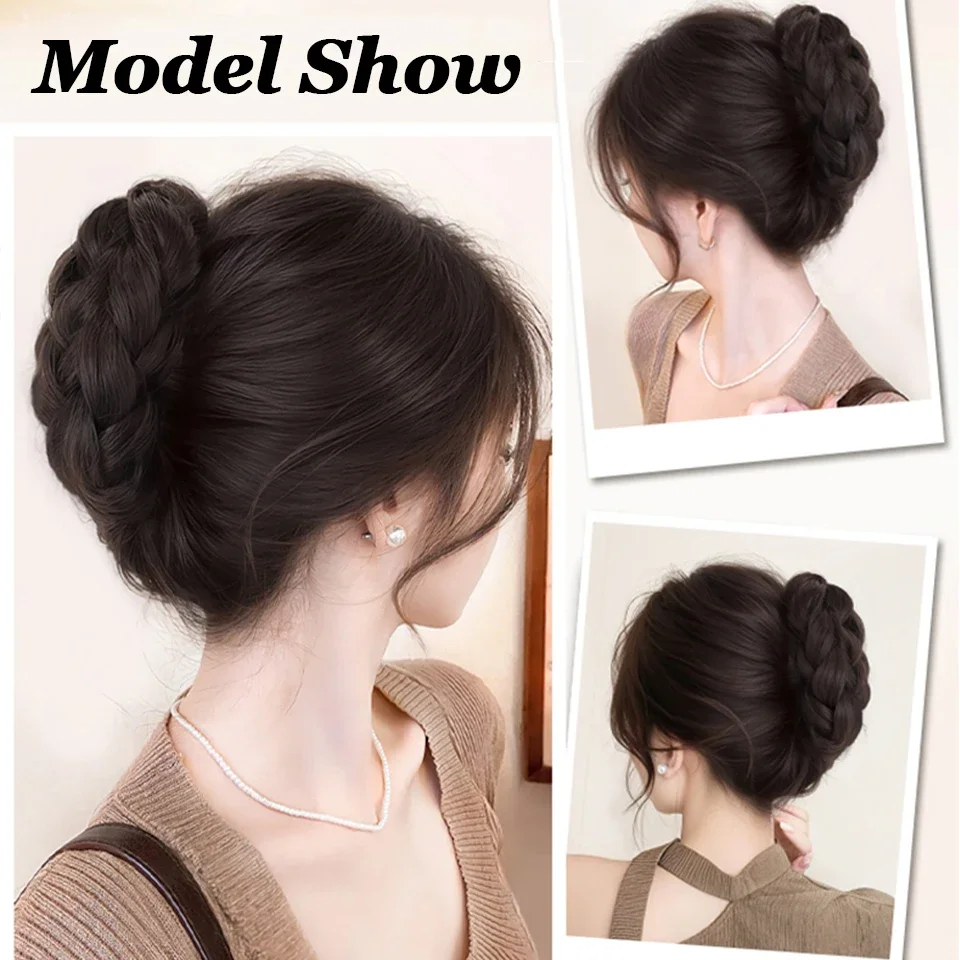 Synthetic Chignon Fried Dough Twists Ball Hair Bun Claw Clip Flower Bud Head Fluffy Dished Hair Back Head Wig Bag for Women