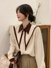 

Shirts Women Long Sleeve Sweet Lovely Peter Pan Collar Retro Vintage Blouses Womens Students Casual Daily Shirt Ladies Elegant