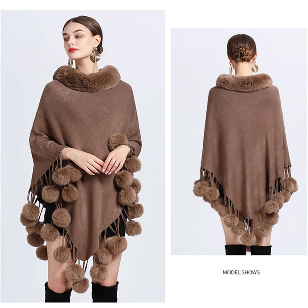 Description Picture 4 of item5 Colors Women Loose Poncho Bottom Pompon Cape Winter Warm Faux Rabbit Fur Neck Cloak Out Street Pullover Shawl Streetwear