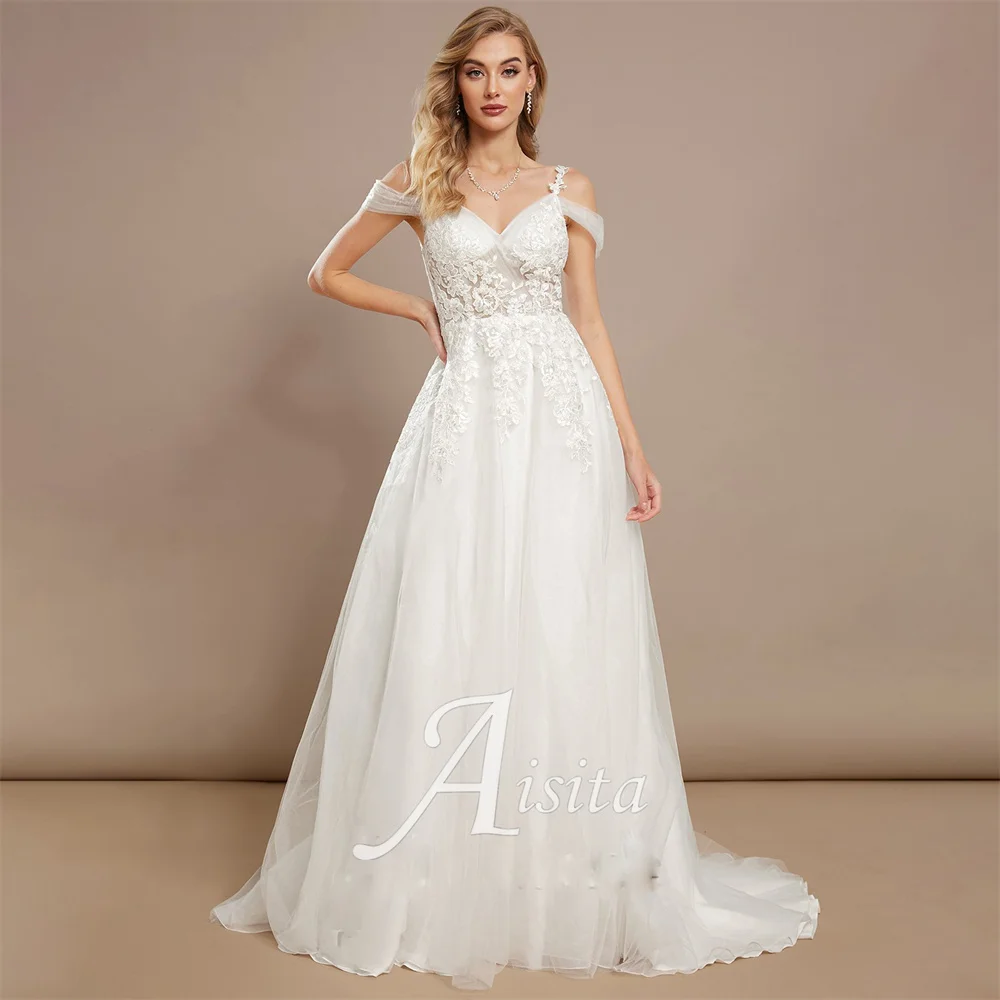 

New A-line Bride Dresses Cold Shoulder Sweep Train Tulle Lace Princess Wedding Dresses For Woman Wedding Dress Vestidos De Novia