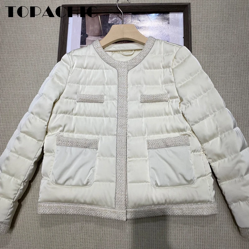 

10.13 TOPACHIC Women's Temperament Lightweight Splited Tweed Hidden Breasted Long Sleeve Goose Down Jacket