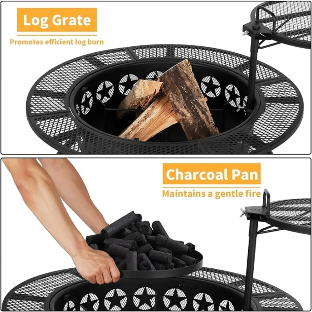 35 Inch Fire Pit with Cooking Grate & Charcoal Pan, Outdoor Wood Burning BBQ Grill Firepit Bowl with Cover Lid,Steel Round