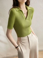 Women's Polo Shirts Slim Knitted Female Tee Plain T-shirts Korean Style Aesthetic Pulovers New Casual Tops Short Sleeve Luxury - Image 6