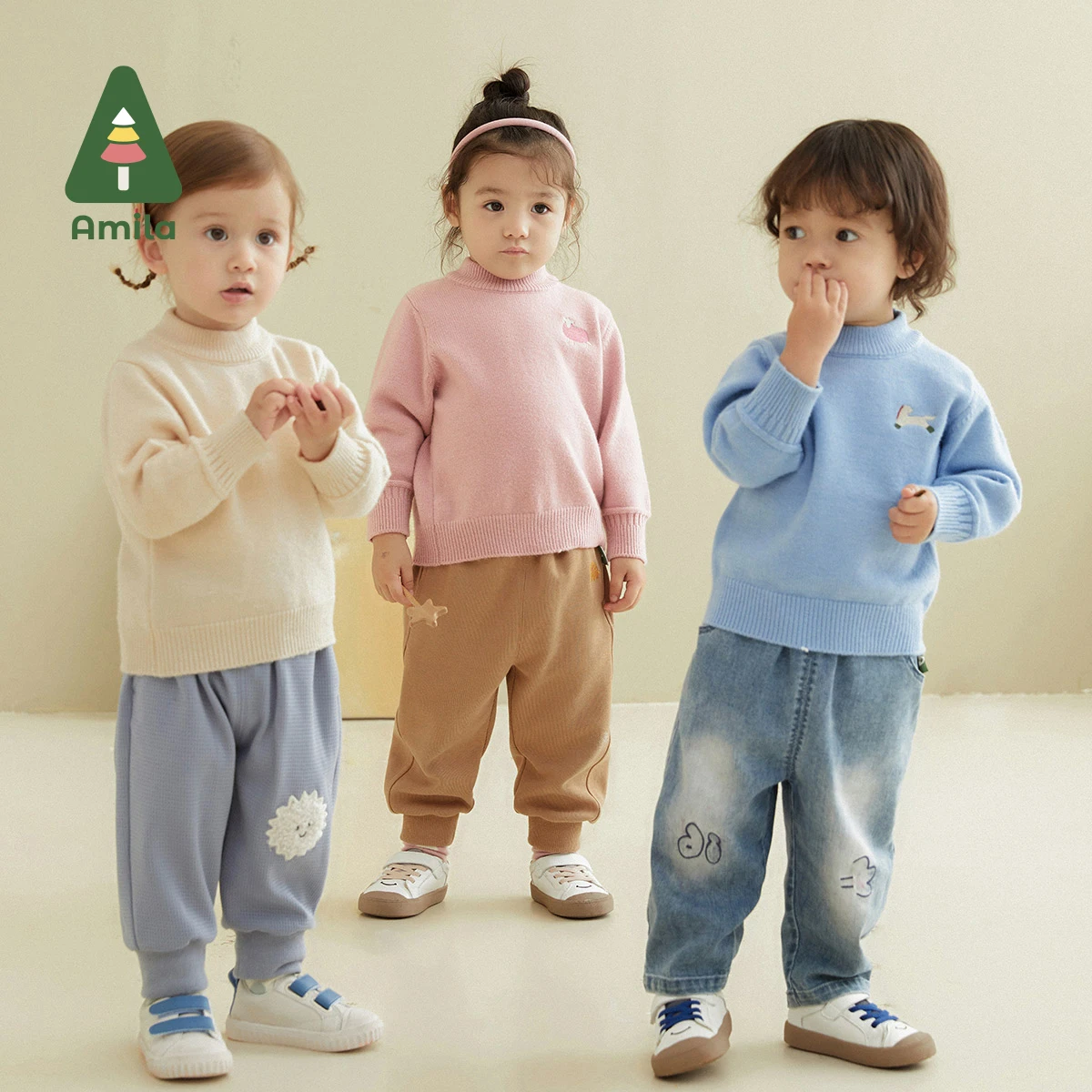 Amila Baby Sweater Spring New Solid Color Turtleneck Plain Boys and Girls All-match Cartoon Embroidery Children's Clothes