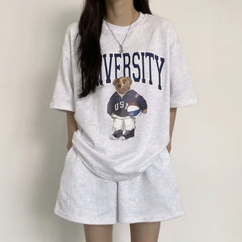 Summer Cotton Bear Print Short Sets 2025 New Casual Loose Two Pieces Short Sleeve T Shirt and High Waist Short Pants Suits Women 1