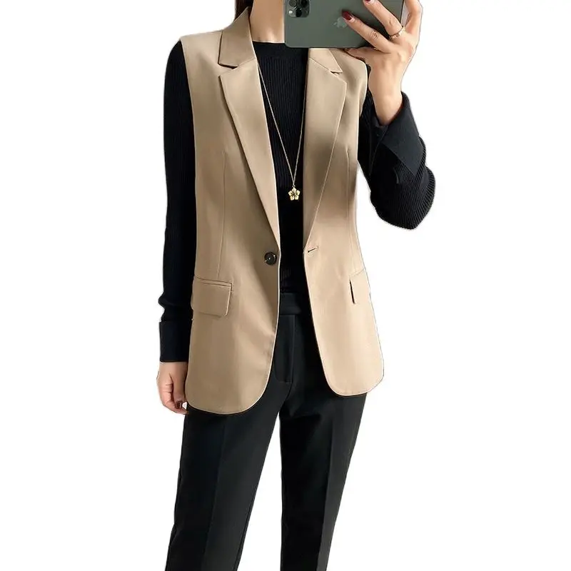 

2024 New Spring Summer Autumn Vest Women Waistcoat Korean Casual Sleeveless Suit Coat Jacket Casaco Feminino Khaki Black