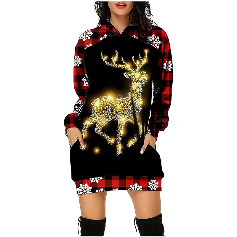 

Autumn Winter Christmas Printing Women Hooded Dress Fashion Long Sleeve Pockets Casual Elegant Slim Pullover Mini Dress Female