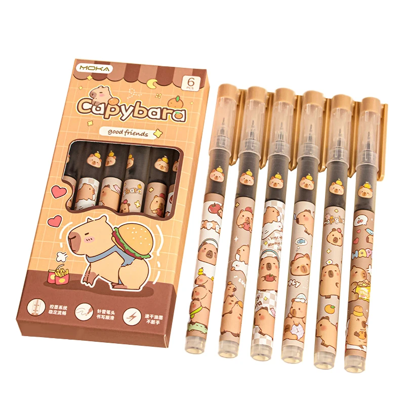 6Pcs Kawaii Capybara Gel Pens Writing Smooth Black Ink Pens Office Accessories School Student Teacher Gift Aesthetic Stationery - 6