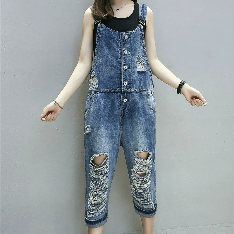 Women Jeans Jumpsuit 2023 Spring Summer Vintage Loose Denim Rompers Casual Ripped Hole Straight Denim Overalls Playsuit