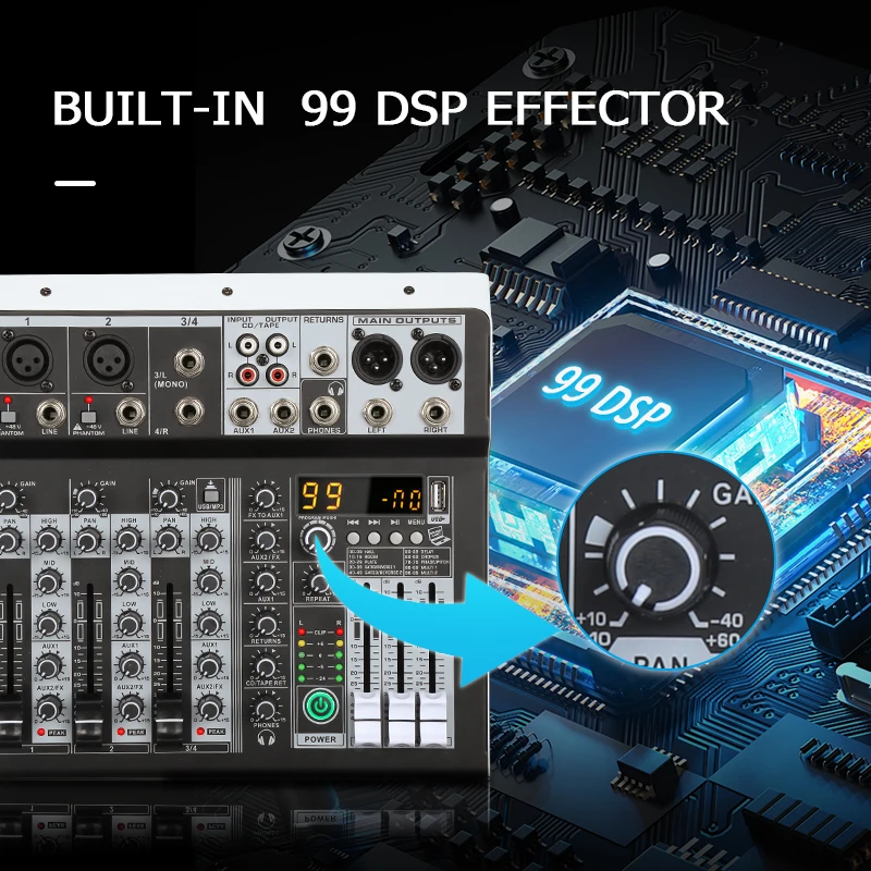 KP4 오디오 믹서 4채널 99개 DSP 이펙트 레코드 PC 48V 팬텀 파워 USB 사운드 믹서 블루투스 DJ 콘솔 믹싱 (노래방용)