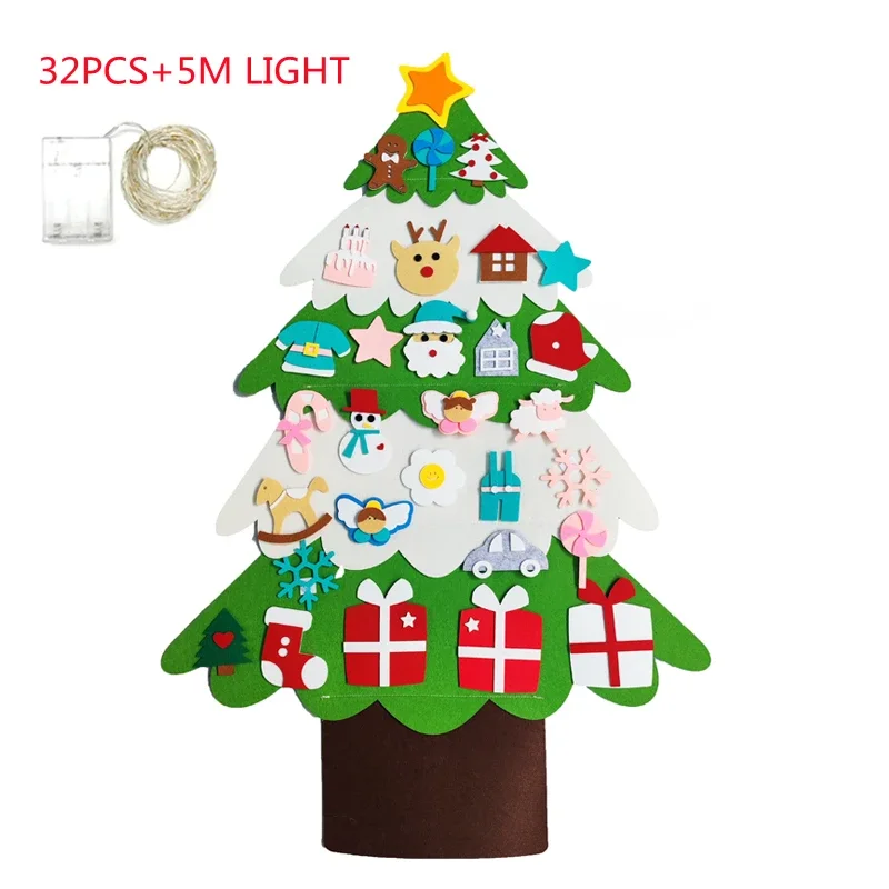 Árbol de Navidad de fieltro para niños pequeños, árbol de Navidad de fieltro con luces de cadena, juguete Montessori, regalo, decoración del hogar, suministros para fiestas