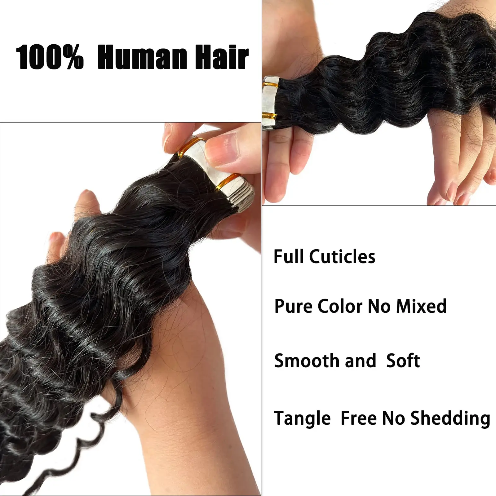 Deep Wave Tape In Human Hair Extensions Natural Black Adhesive Skin Weft Tape Ins Wave Hair Double Sides Seamless 50g 20pcs/set
