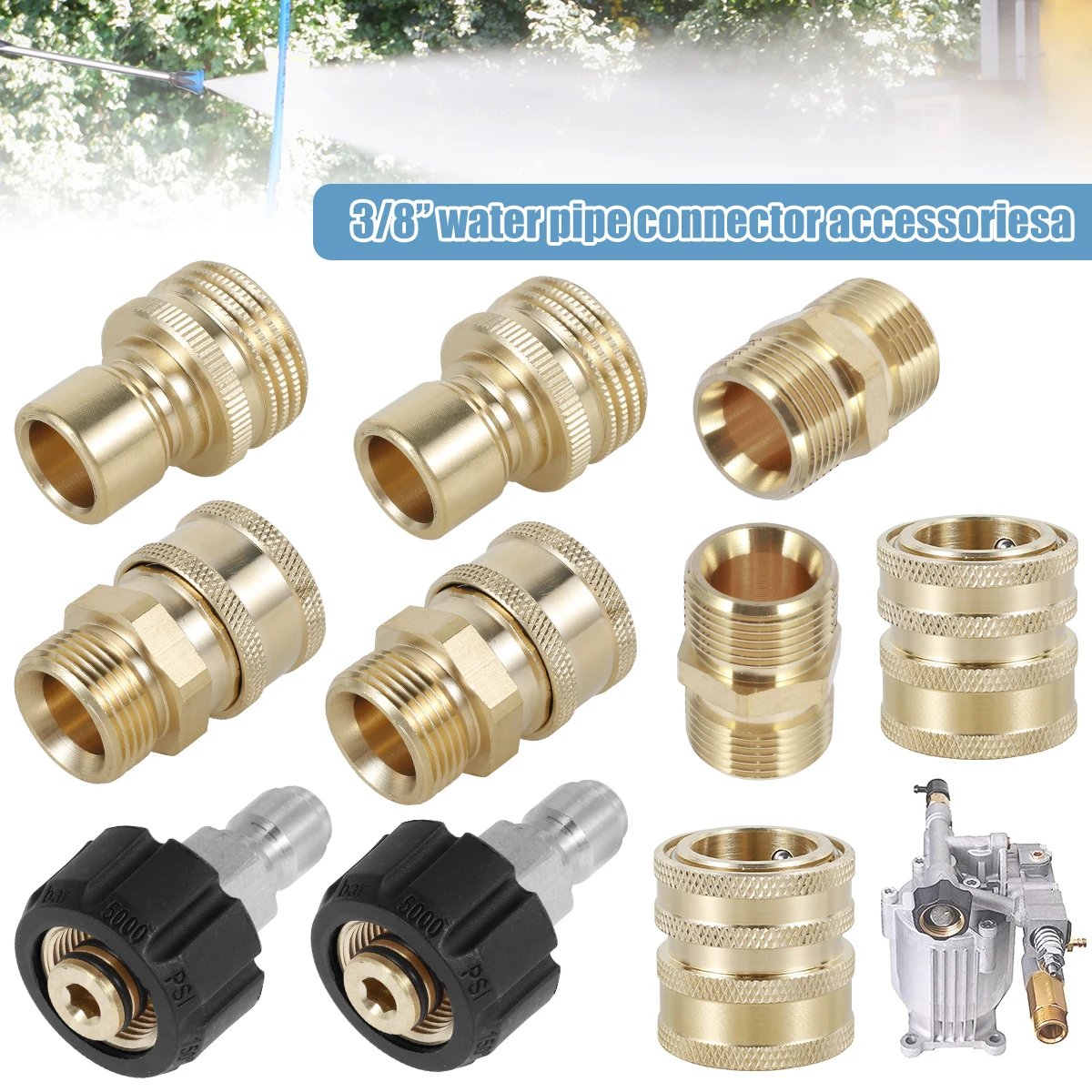 

9Pcs Pressure Washer Adapter Set 5000PSI Brass M22 to 3/8inch Quick Connect Fittings Universal 3/4inch to 1/2inch Water Hose