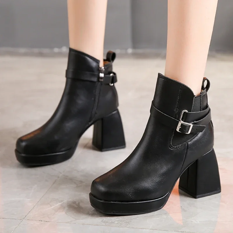 

2023 High Quality Shoes Female Side Zipper Women Boots Winter Square Toe Solid Middle Tube Chunky Heel Large Size Fashion Boots
