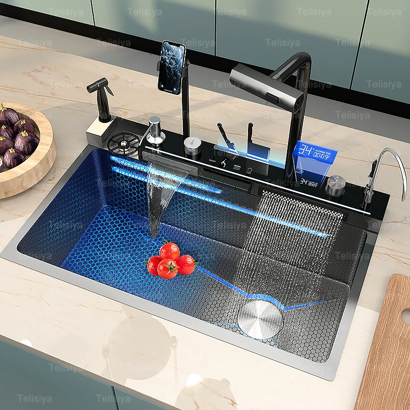 Digital Display Kitchen Sink New Waterfall with Honeycomb Embossed Booster Faucet Large Countertop Basin Single Sink